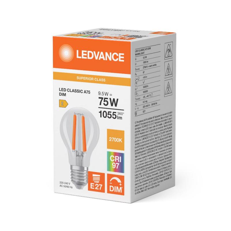 Ledvance E27 LED Lampe Classic dimmbar klar 9,5W wie 75W 2700K warmweißes Licht CRI97 sehr hohe Farbwiedergabe